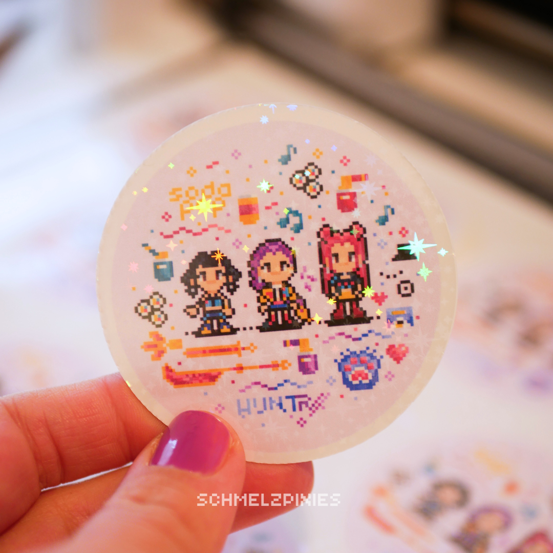 Round sticker design Pixel Pop Girls I with selection of foil effects I